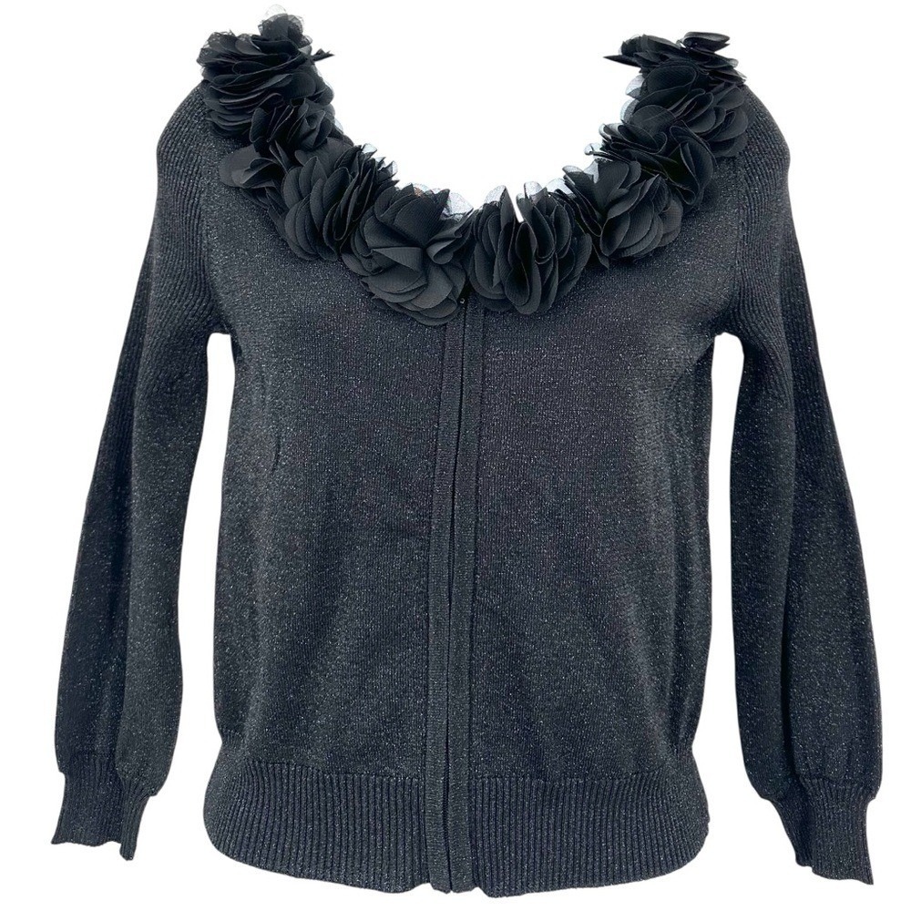 ADRIANNA PAPELL Applique Collar Sweater Full Zip Front Black Shimmer Women's XS